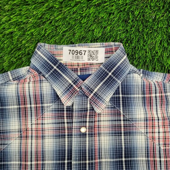 Vintage 70s Wrangler Western Shadow Plaid Shirt Large 21x29 Blue - Picture 3 of 13
